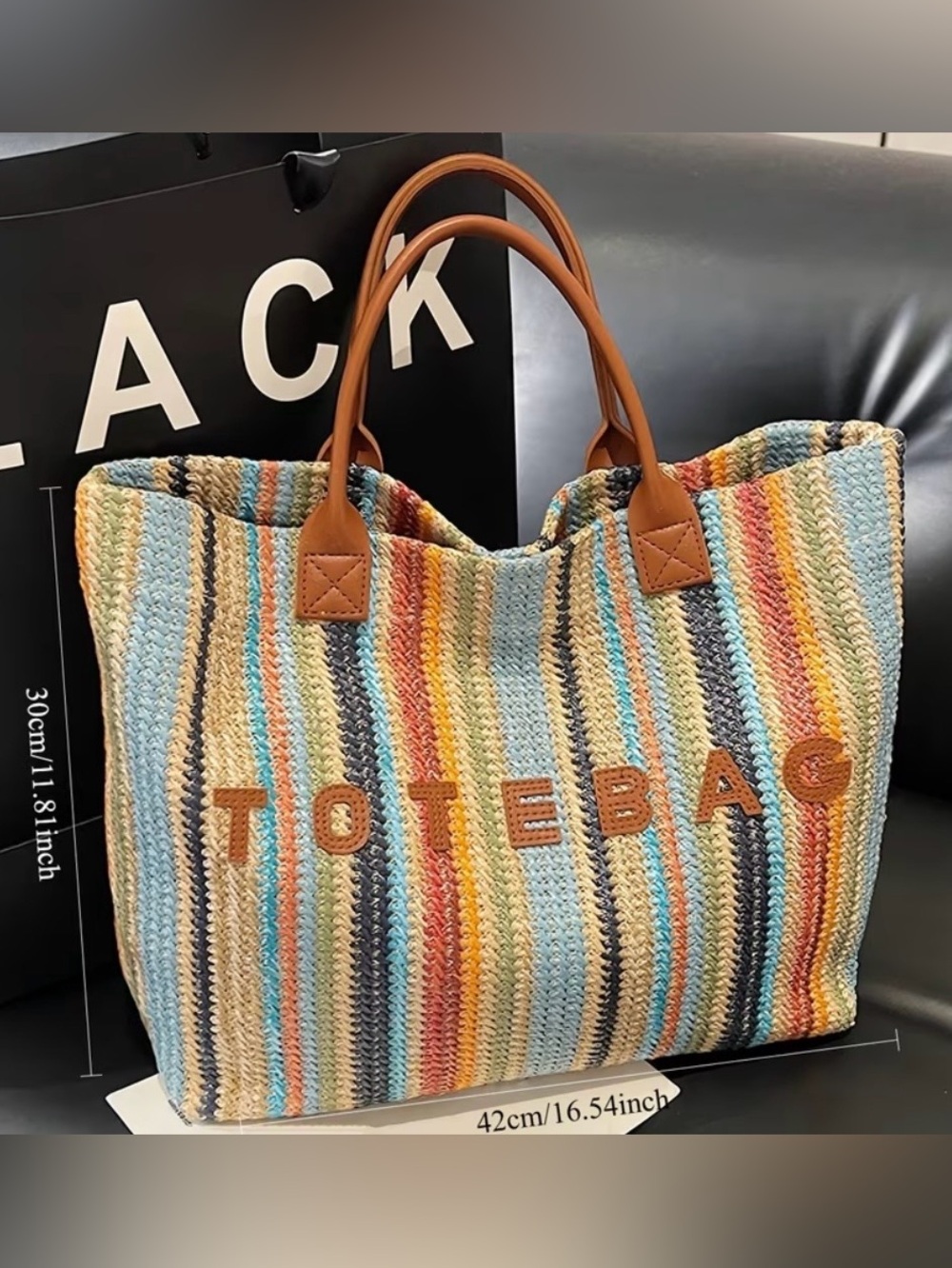 Tote Bag - Multicolor Striped Woven Tote with Olive Handles - Picture 3 of 4